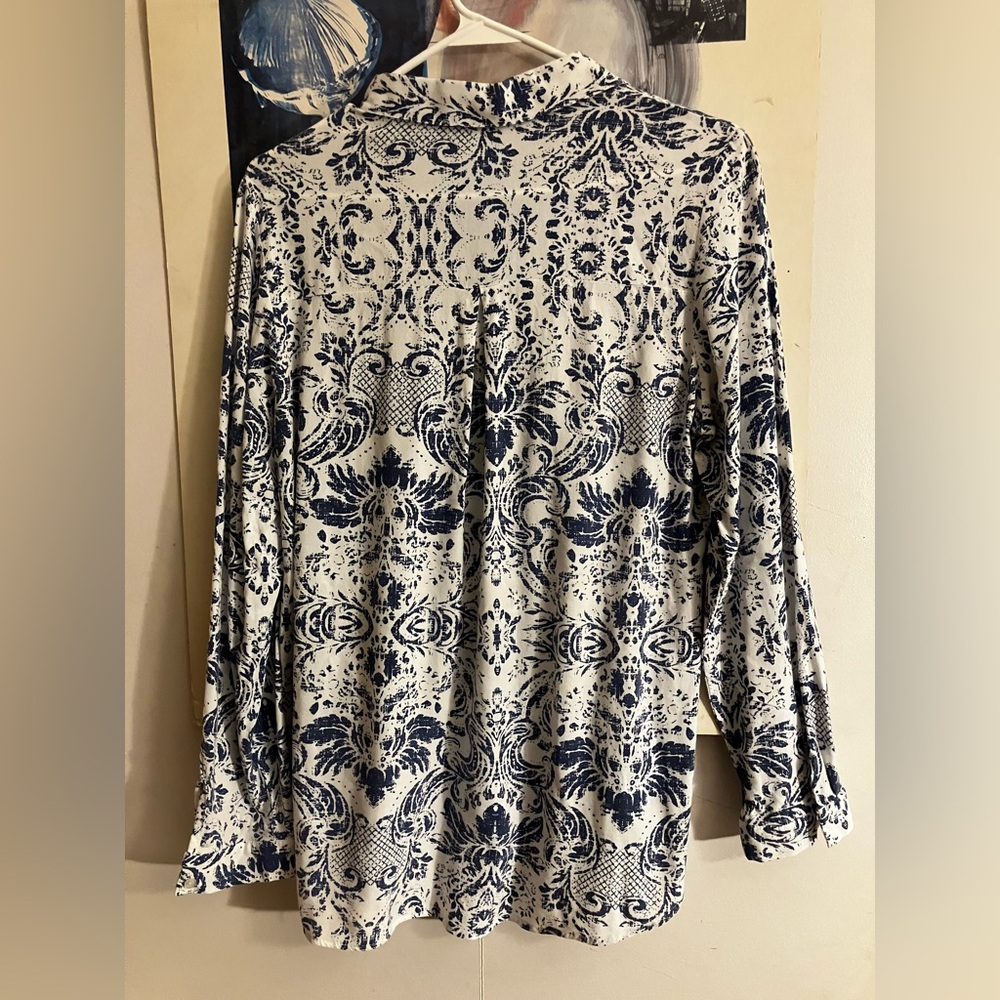 Big Dart Soft Navy and White Printed Button-Down Shirt - Picture 3 of 4